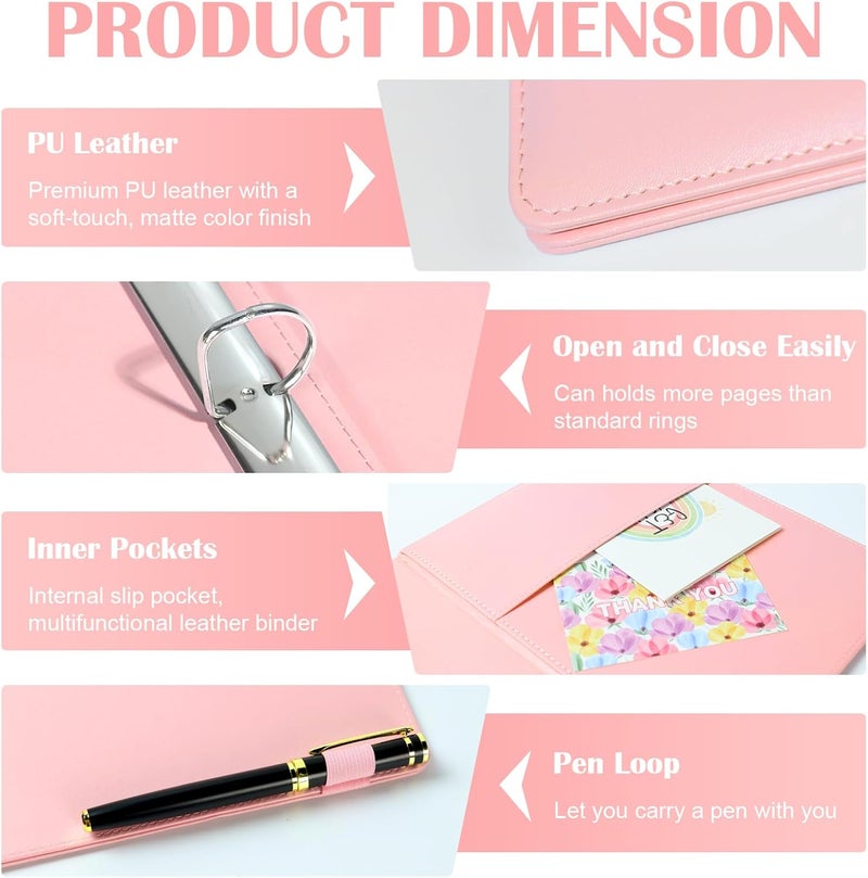 WANGDEFA （Half Size）Pu Leather Mini 3 Ring Binder with 5-Tabs Pocket Dividers & 25 Sheet Protectors 5.5 x 8.5 Professional Organizer Cute Organizer Binders 1" D Rings for Small Binder Paper School Office(Pink) - Image 3